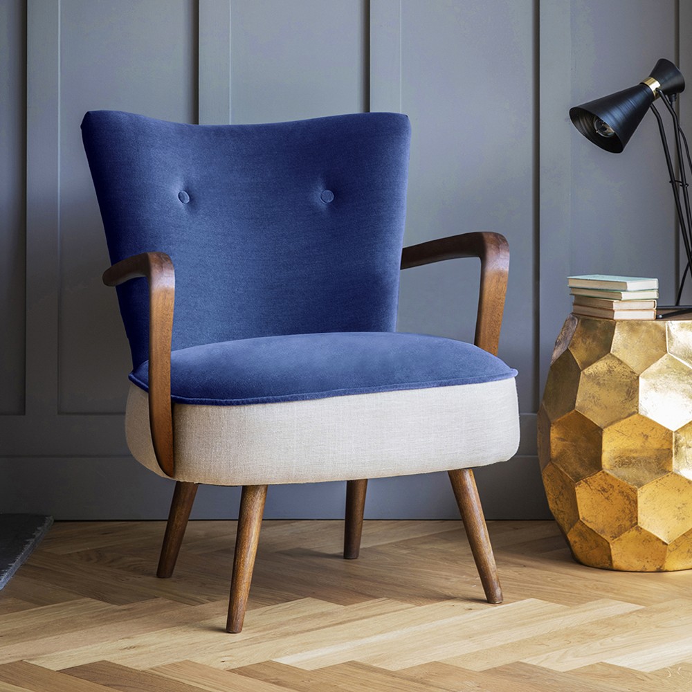 Calvin Armchair in Blue Velvet and Linen