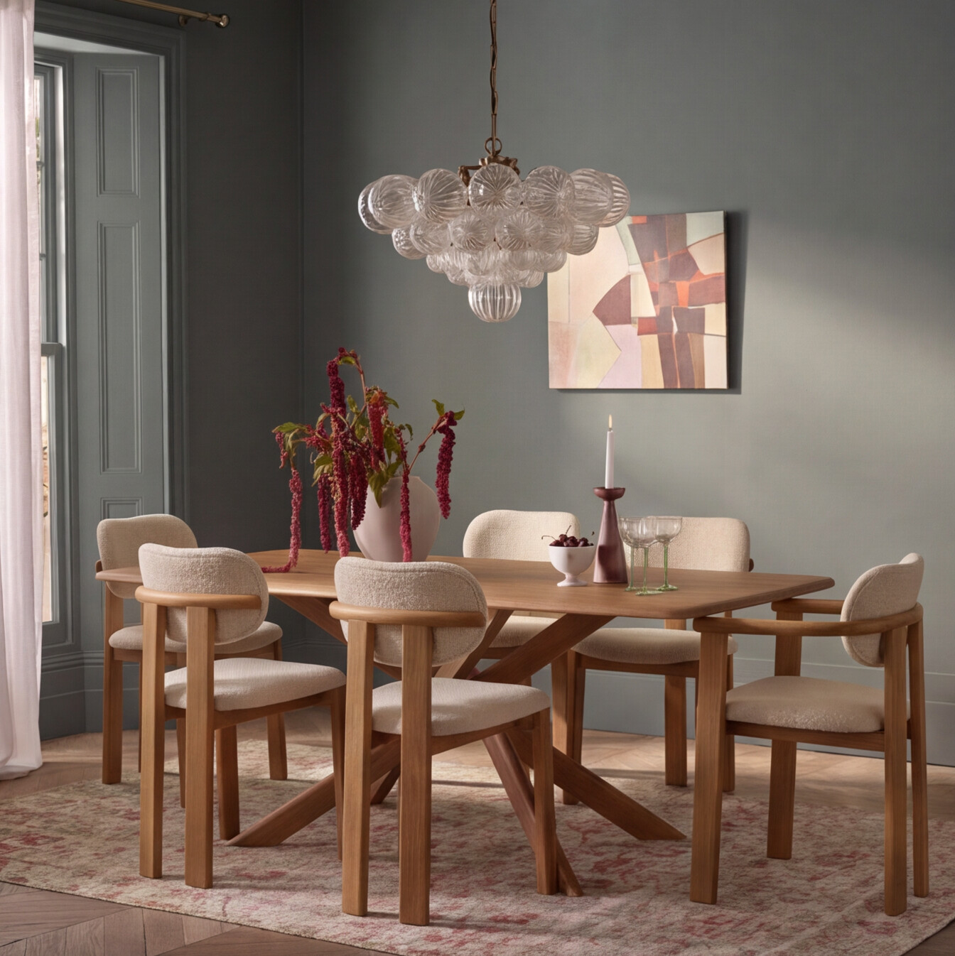 Cruz Oak Dining Table and 6 Cora Oak Dining Chair in Neutral Bouclé Set