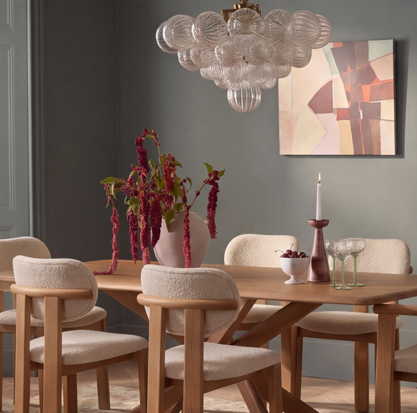 Cruz Oak Dining Table and 6 Cora Oak Dining Chair in Neutral Bouclé Set