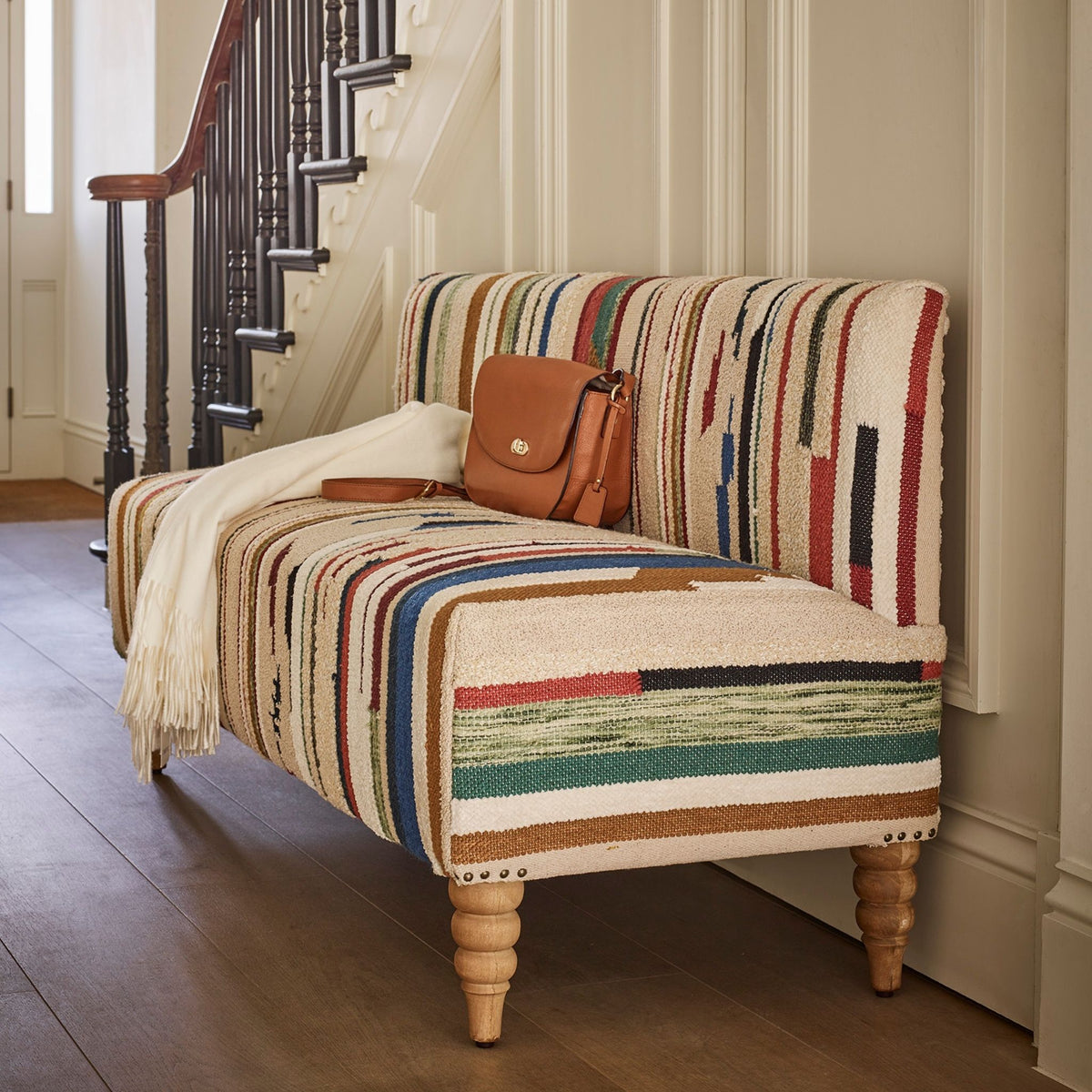 Maevis Upholstered Bench in Striped Rug