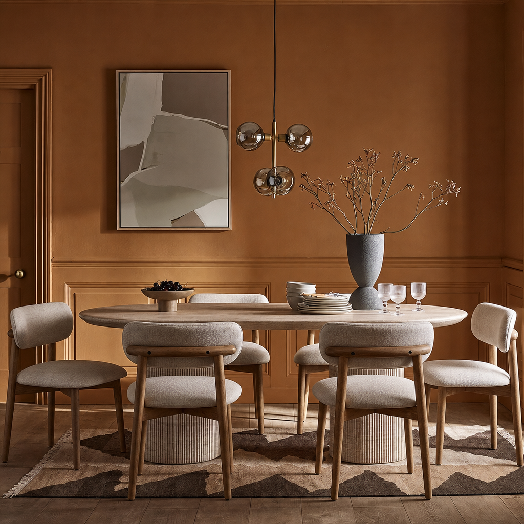 Raina Dining Table in Travertine Finish & 6 Layla Dining Chair in Natural Linen