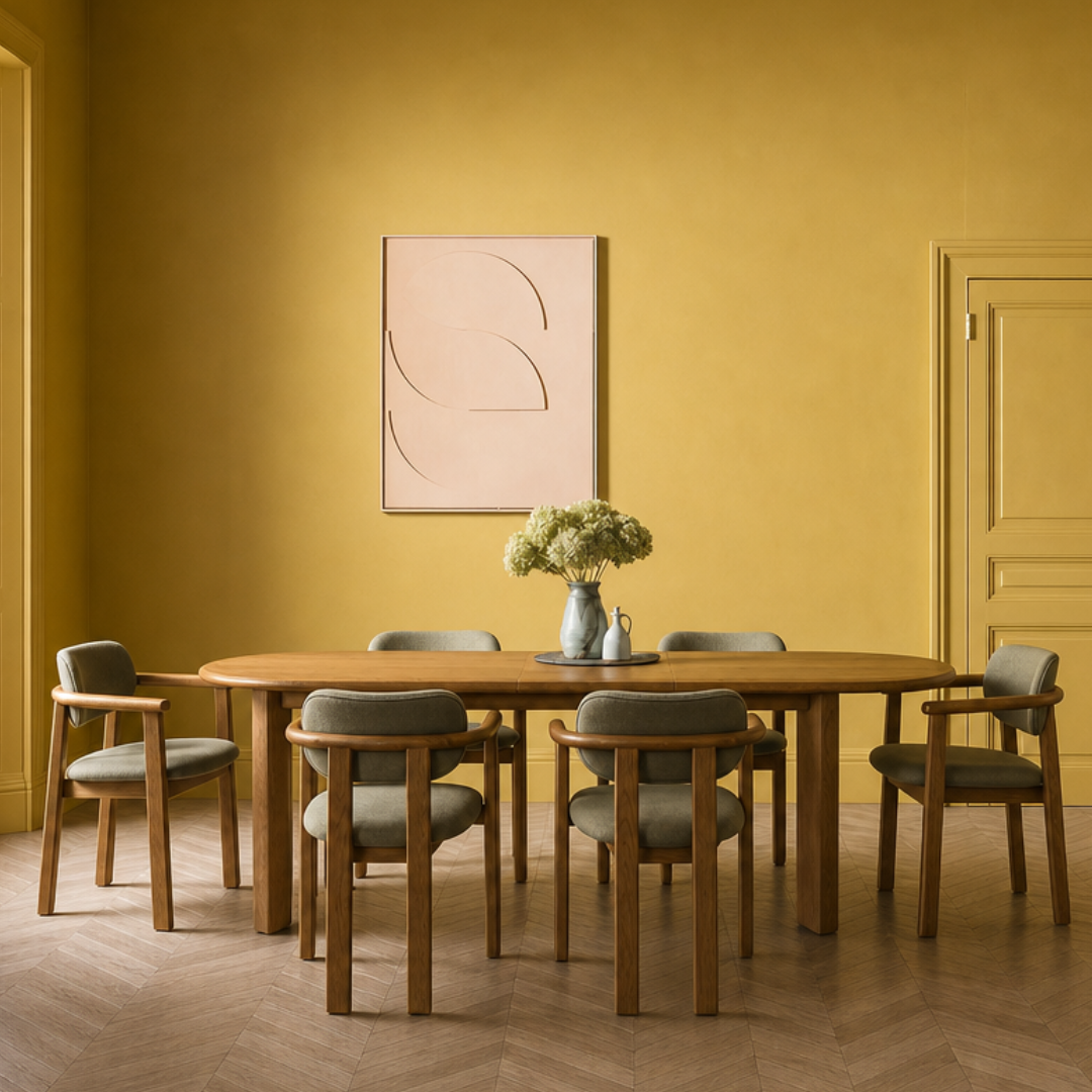 A dining room scene with a round wooden table and six upholstered chairs in a warm mustard-yellow room. A framed abstract print hangs on the wall above the table, and a vase with flowers sits at the center.