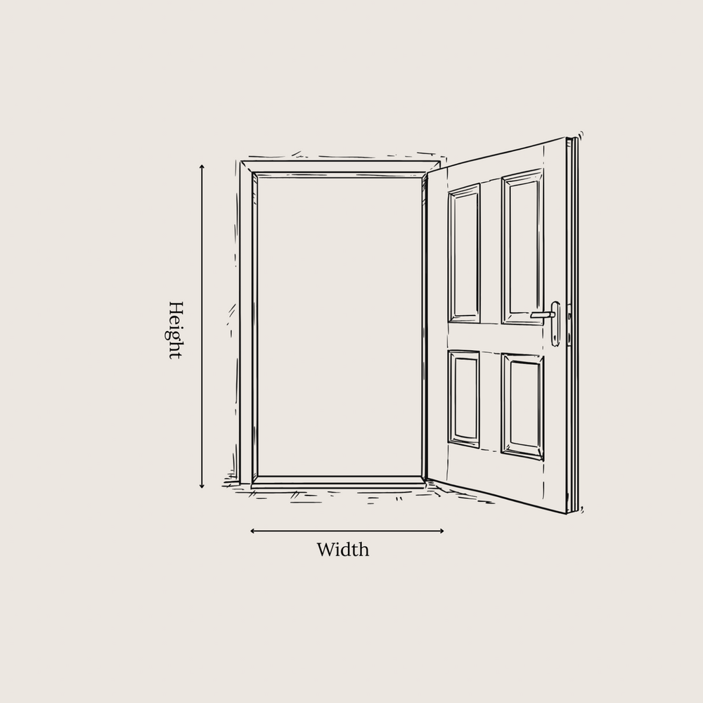 A simple line drawing of an open door with dimension labels reading Height and Width on a light beige background.