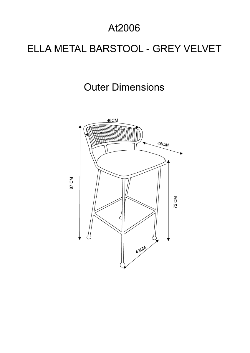 Ella Metal Barstool - Grey Velvet