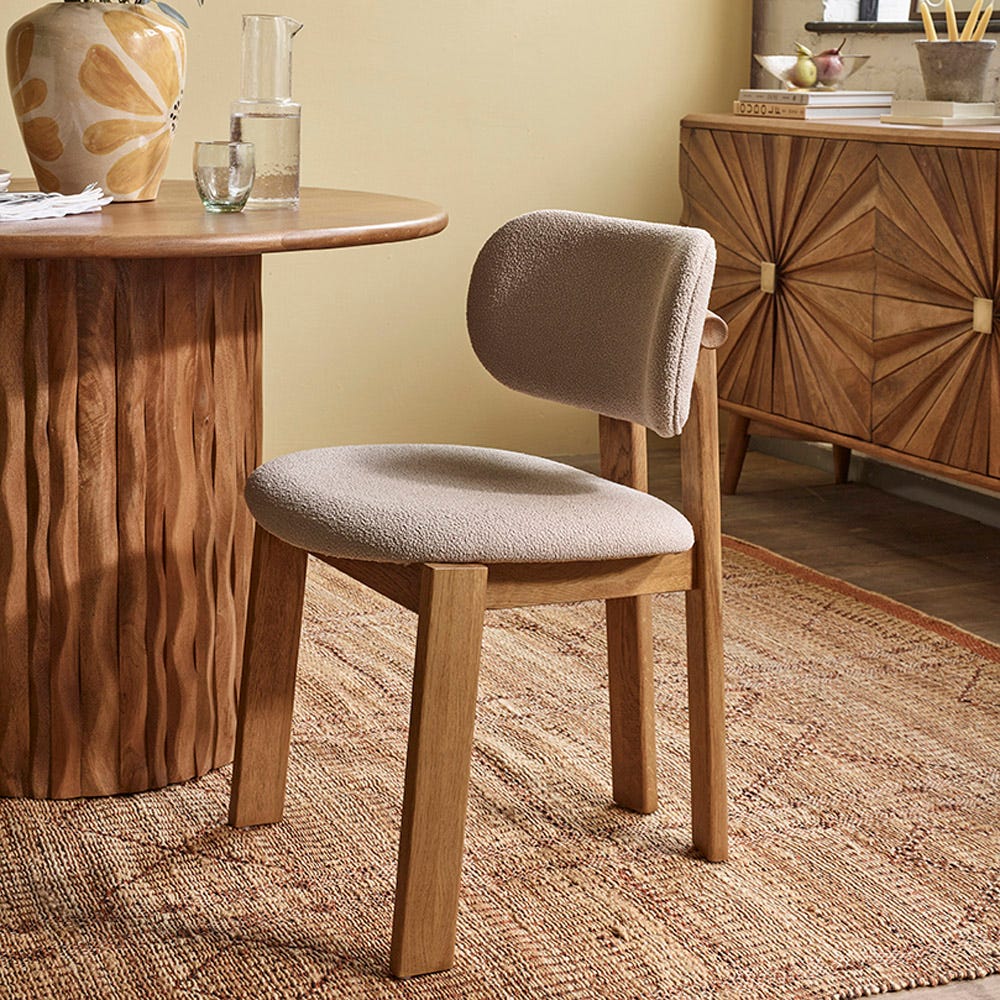 CORA OAK ARMLESS DINING CHAIR - NEUTRAL BOUCLE