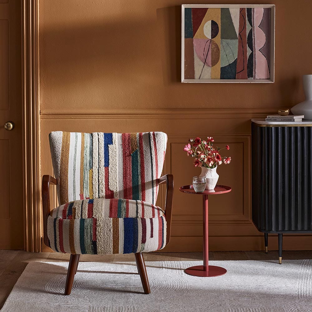 Calvin Armchair In Striped Woven Rag Rug