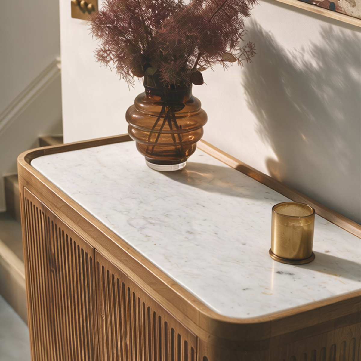 Claris Fluted Drinks Cabinet with White Marble