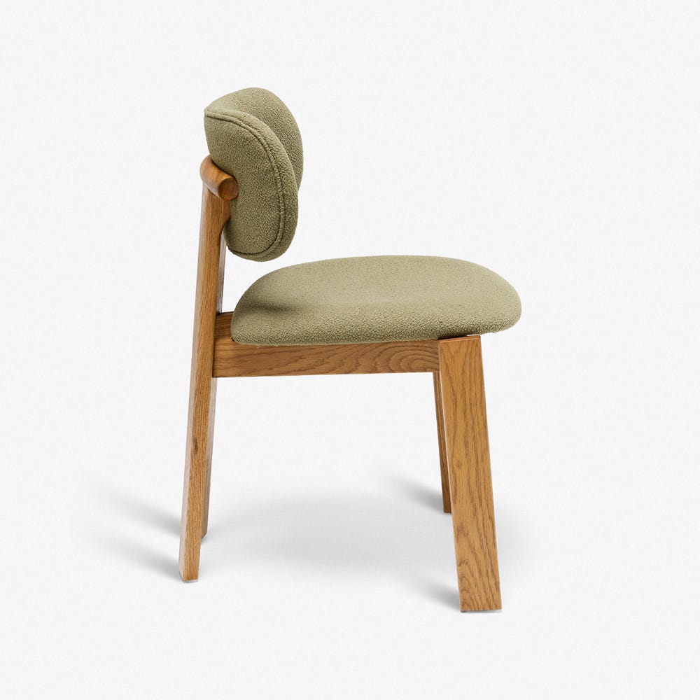 CORA OAK ARMLESS DINING CHAIR - OLIVE GREEN BOUCLE