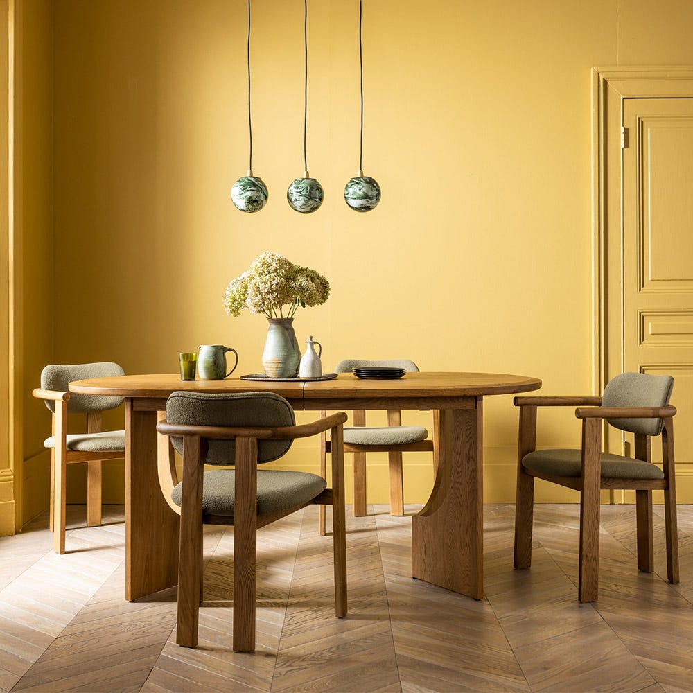 CORA OAK DINING CHAIR IN OLIVE GREEN BOUCLE