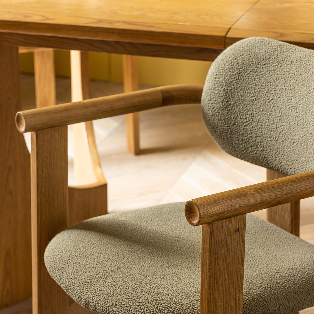 CORA OAK DINING CHAIR IN OLIVE GREEN BOUCLE