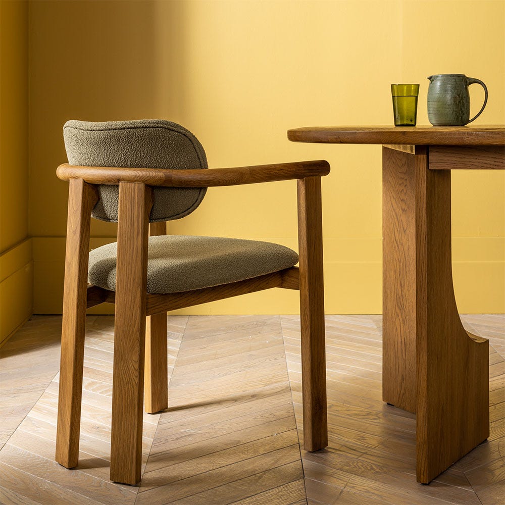 CORA OAK DINING CHAIR IN OLIVE GREEN BOUCLE