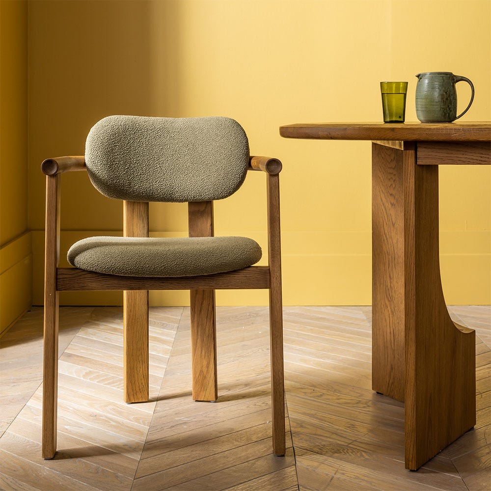 CORA OAK DINING CHAIR IN OLIVE GREEN BOUCLE