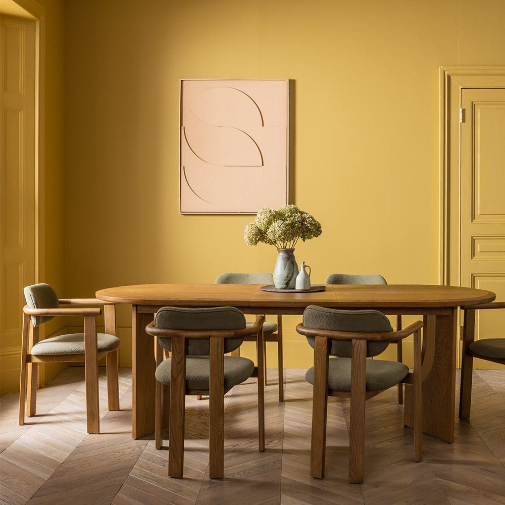 CORA OAK DINING CHAIR IN OLIVE GREEN BOUCLE