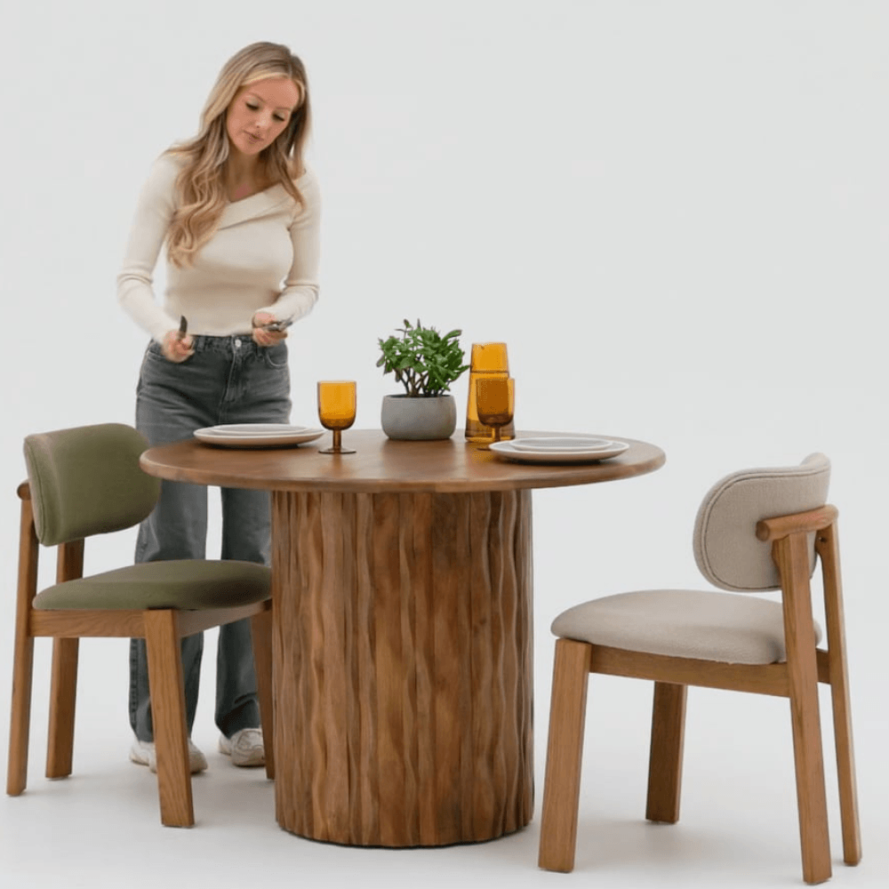 FLORA WOODEN ROUND DINING TABLE WITH CURVED EDGE PILLAR BASE