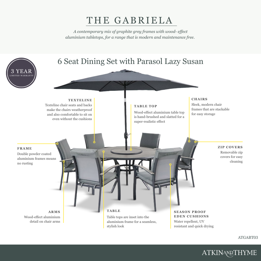 Gabriela 6 Seat Dining Set with Lazy Susan and Parasol