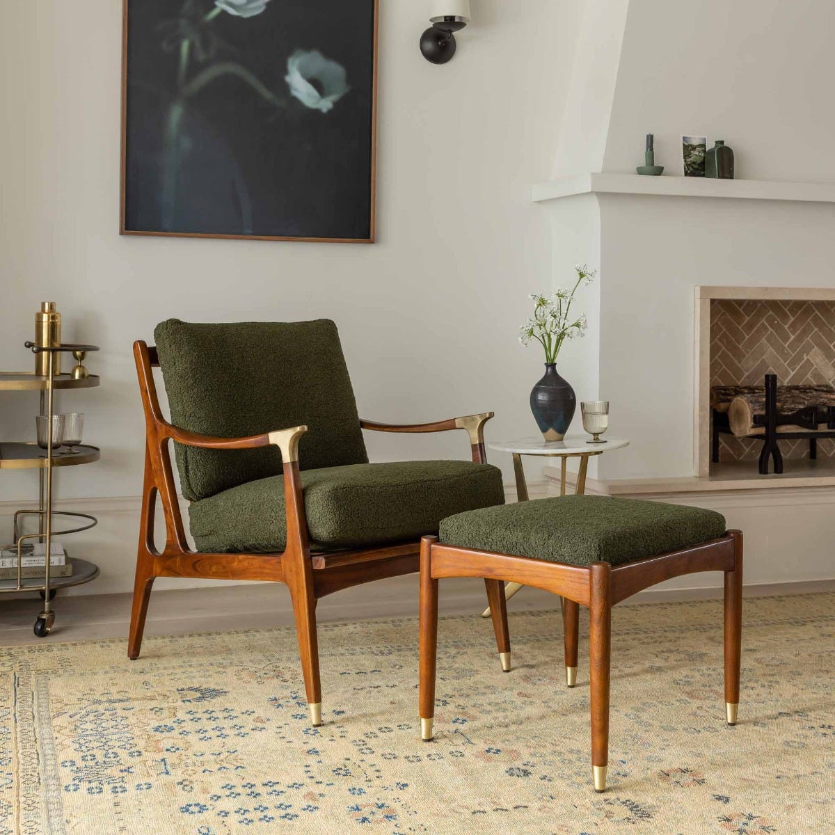 LEVI FOOTSTOOL IN OLIVE GREEN BOUCLE