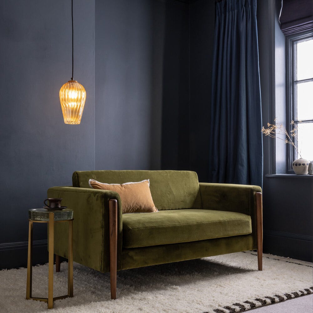 LEXINGTON LOVESEAT IN DEEP GREEN VELVET - NATURAL