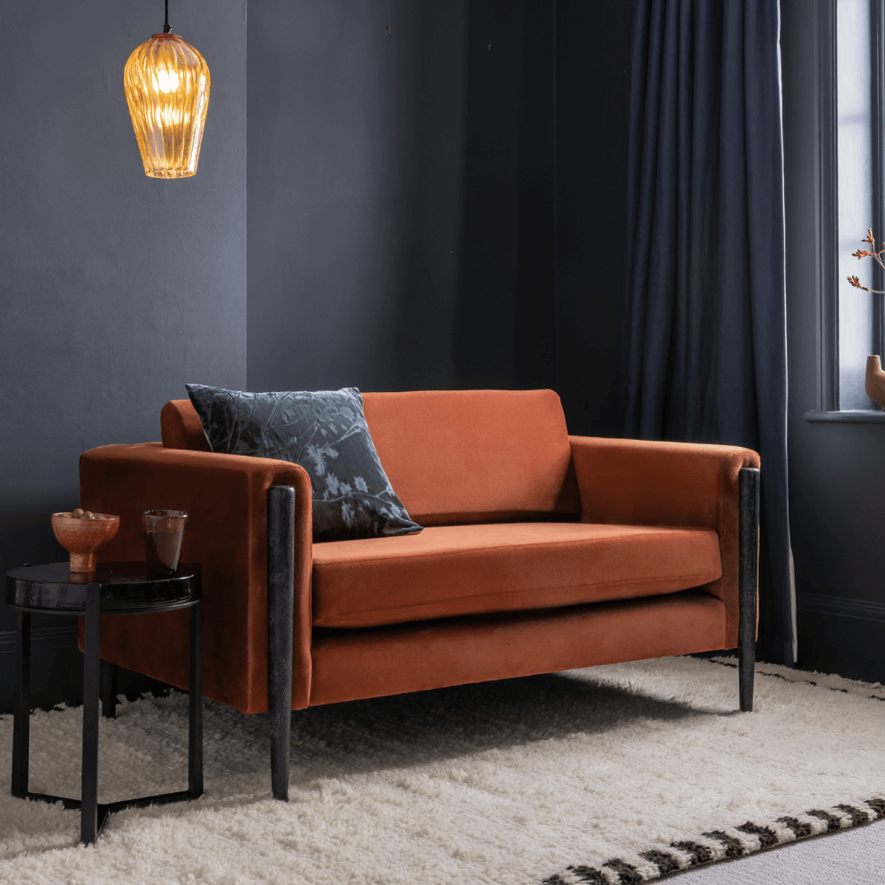 LEXINGTON LOVESEAT IN RUST VELVET - BLACK