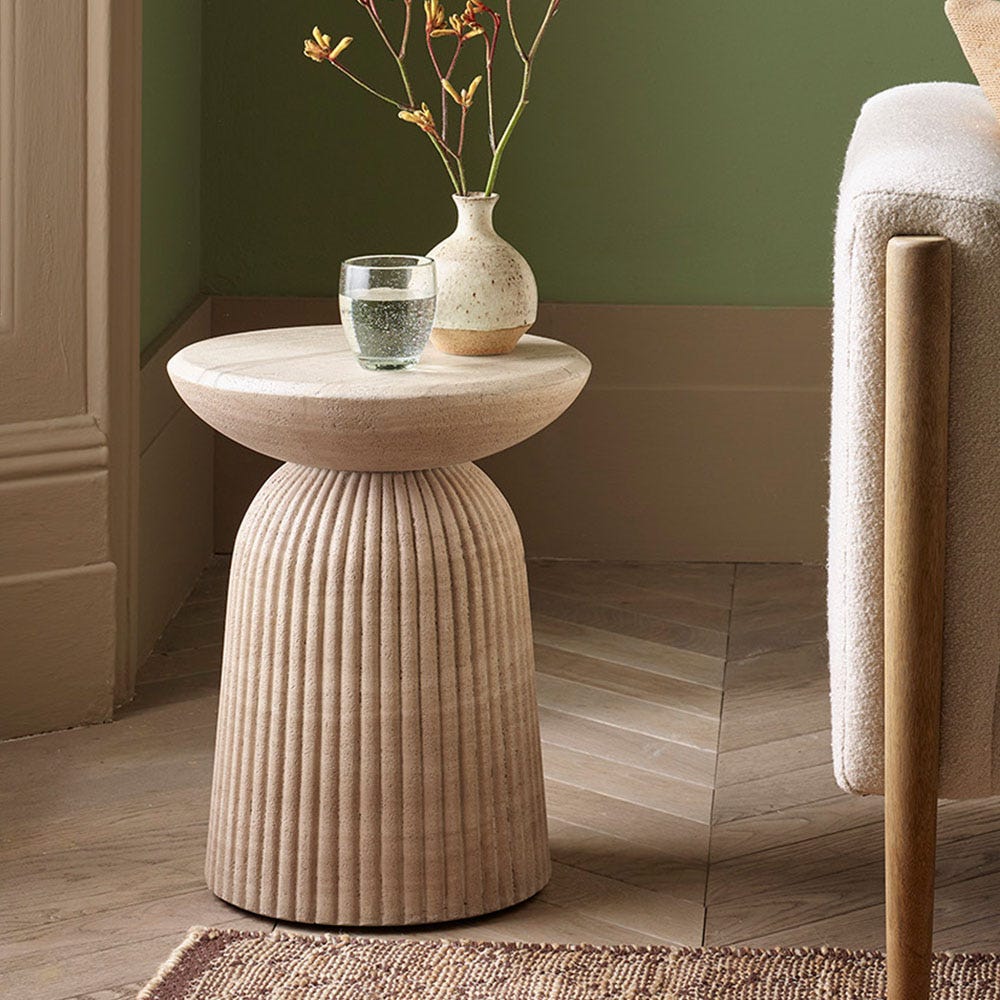MASON SIDE TABLE / STOOL IN TRAVERTINE FINISH EFFECT