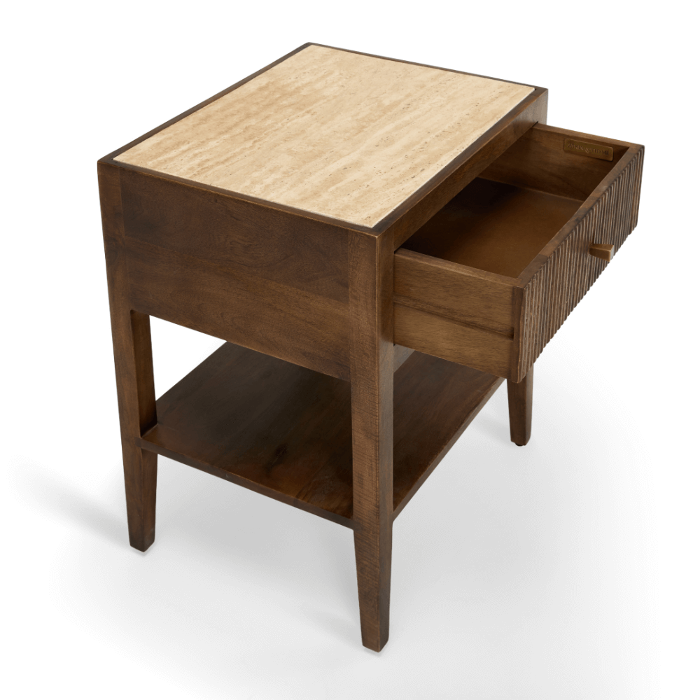 MIRABELLE TRAVERTINE BEDSIDE TABLE