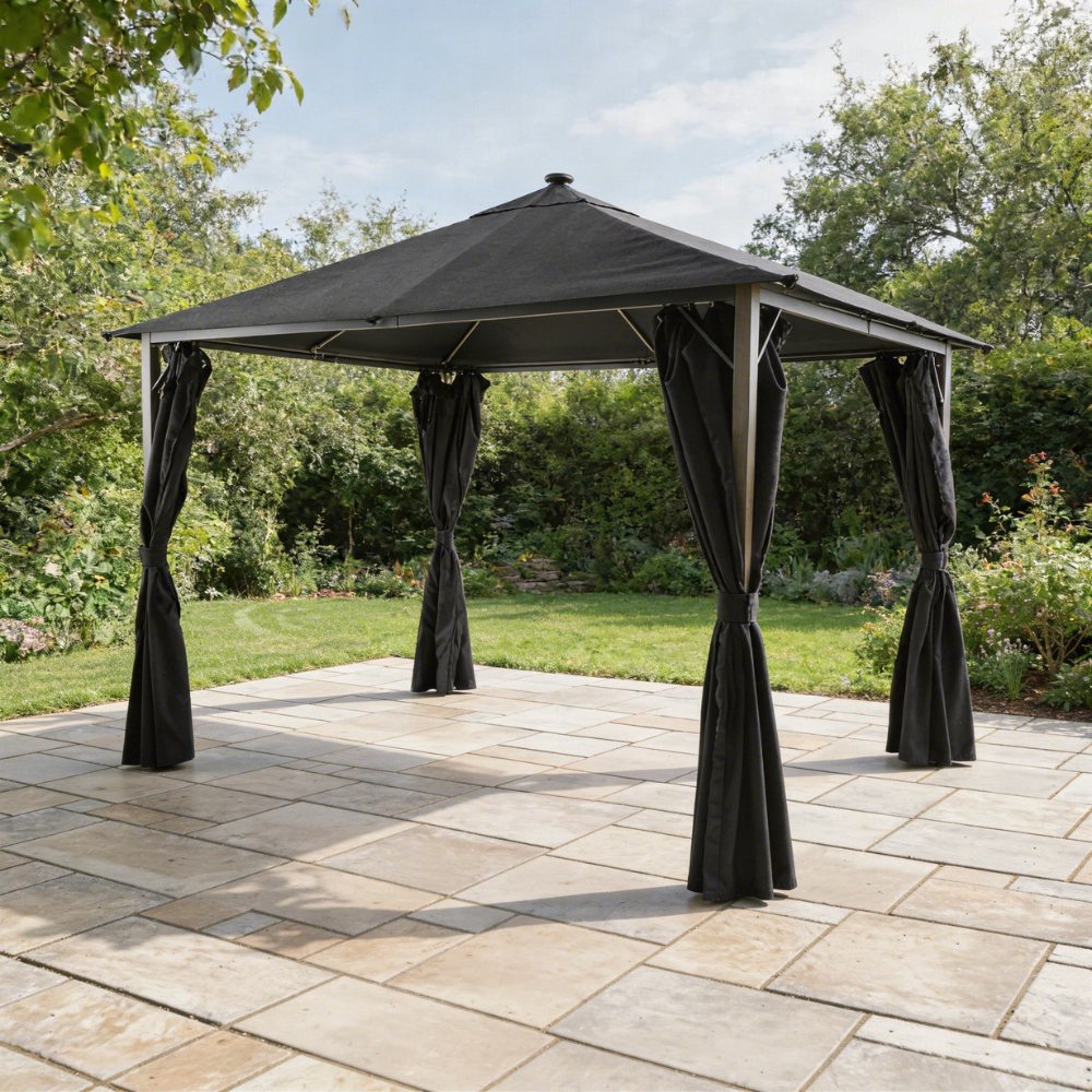 SAVANNAH BIRCH 4 X 3M FABRIC GAZEBO WITH SOLAR LIGHTS