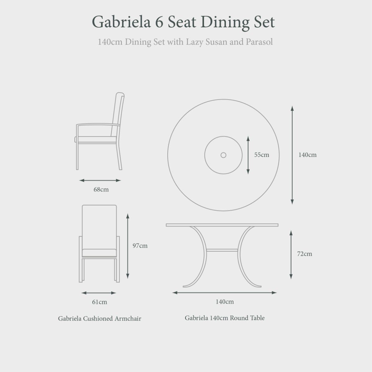 Gabriela 6 Seat Dining Set with Lazy Susan and Parasol
