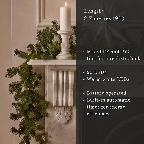 Pre-Lit Fake Fir Garland - 9 ft - Warm White Lights