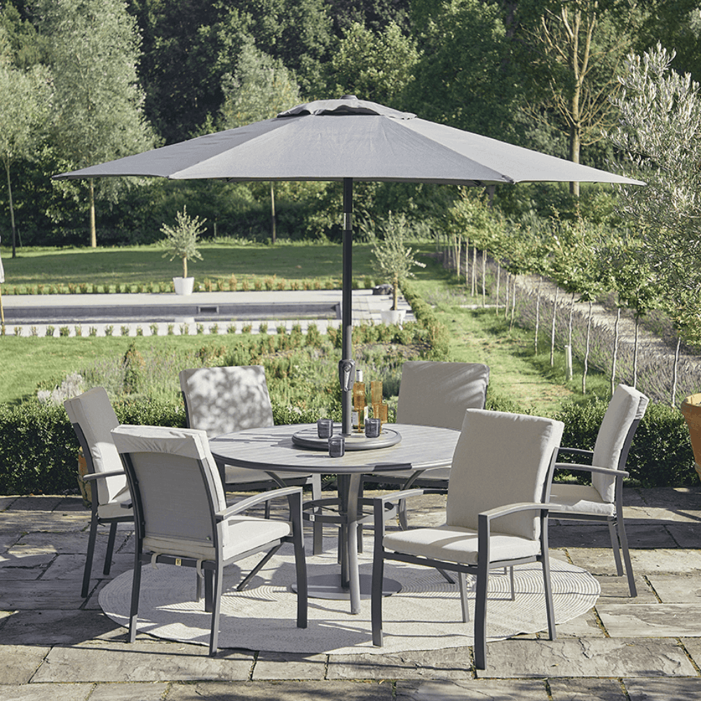 Gabriela 6 Seat Dining Set with Lazy Susan and Parasol