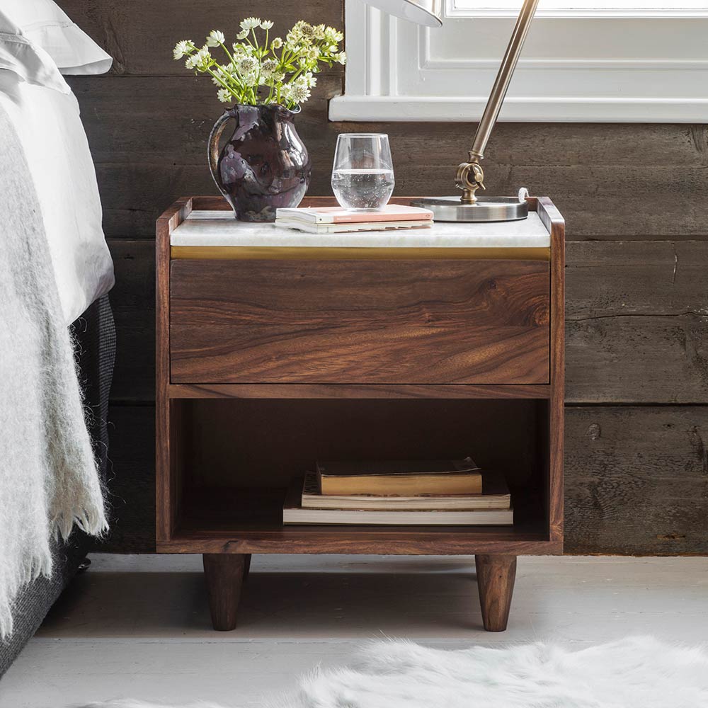 White nightstand with marble shop top