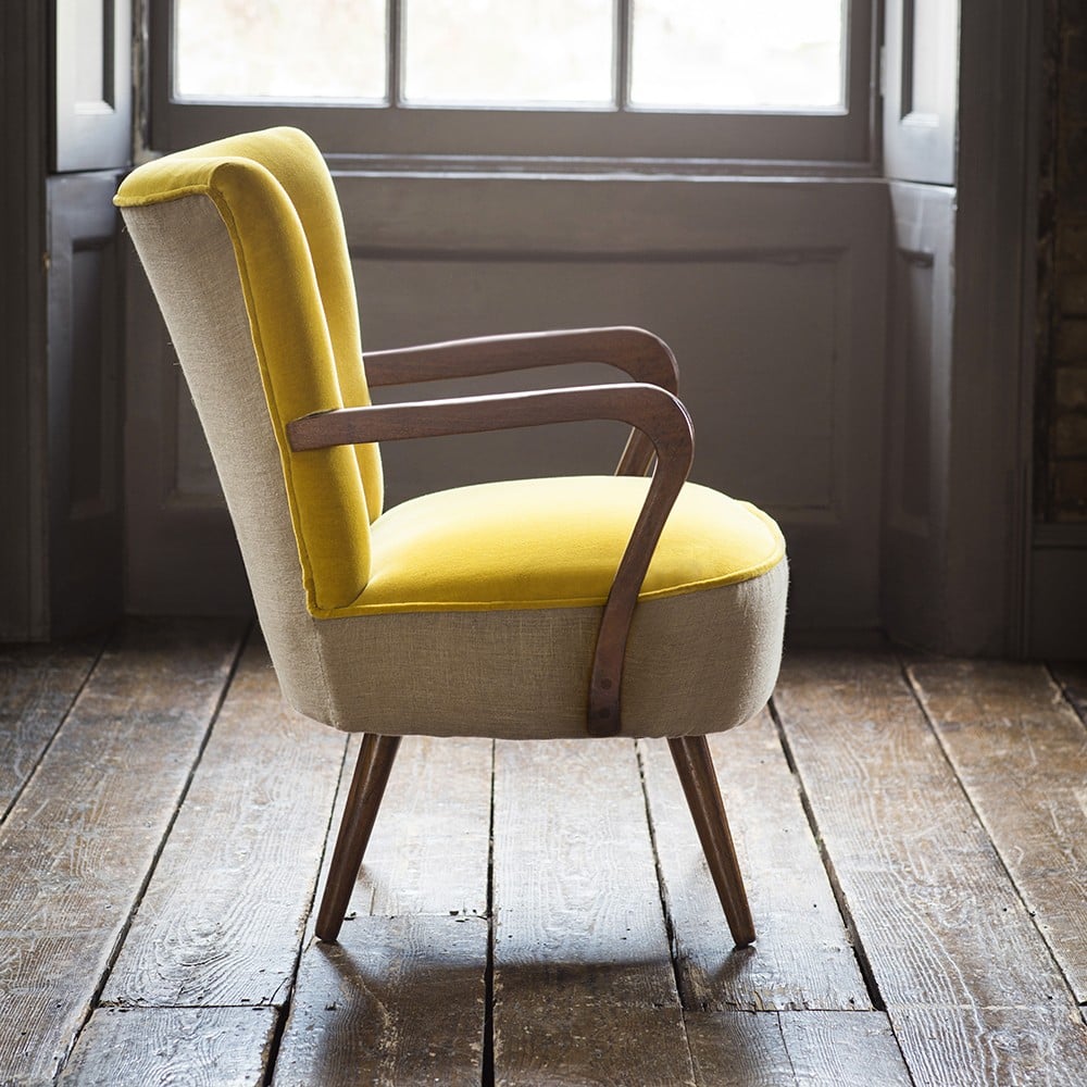 Calvin Chair in Mustard Yellow Velvet and Natural Linen