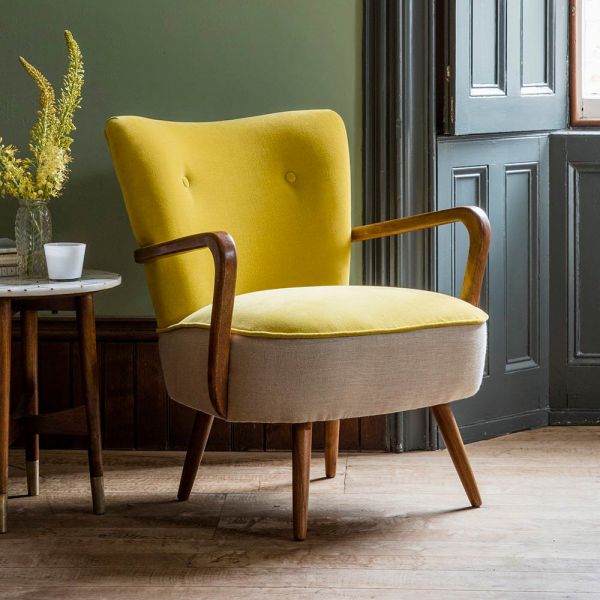 Calvin Armchair in Mustard Yellow Velvet and Linen