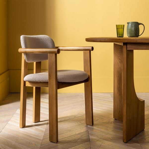 Cora Oak Dining Chair In Neutral Boucle