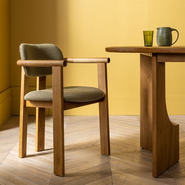 Cora Oak Dining Chair In Olive Green Boucle