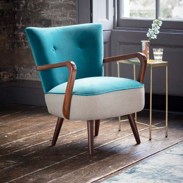 Calvin Armchair in Blue Teal Velvet and Linen