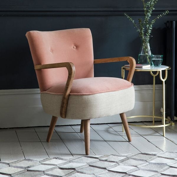 Calvin Armchair in Champagne Pink Velvet and Linen