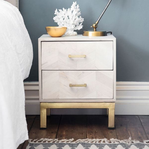 Chevron Bedside Table, Contemporary Style Whitewash Wood and Brass With 2 Drawers by Atkin and Thyme