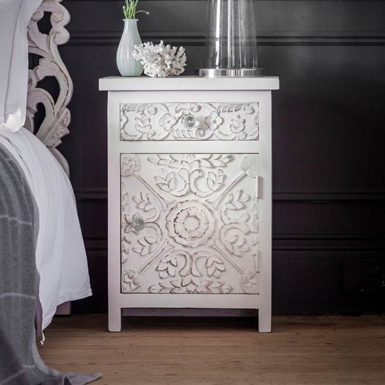 Atika White Carved Bedside Cabinet