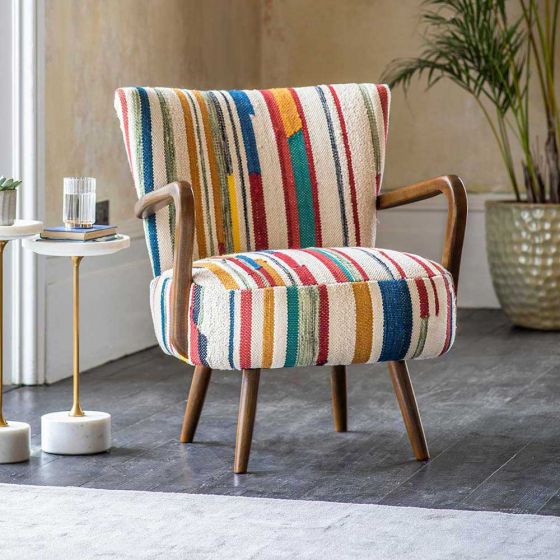 Calvin Armchair In Striped Woven Rag Rug