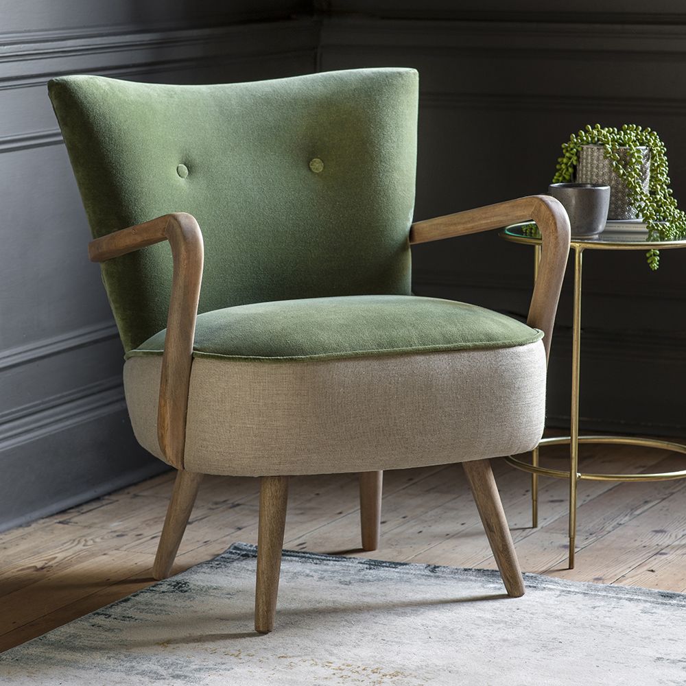 calvin armchair in olive velvet and linen