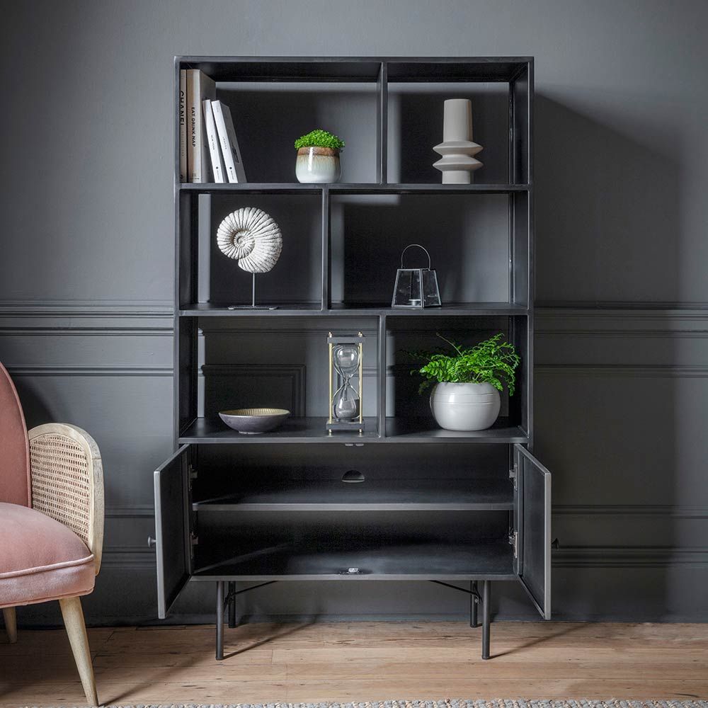Black shelving unit with on sale doors
