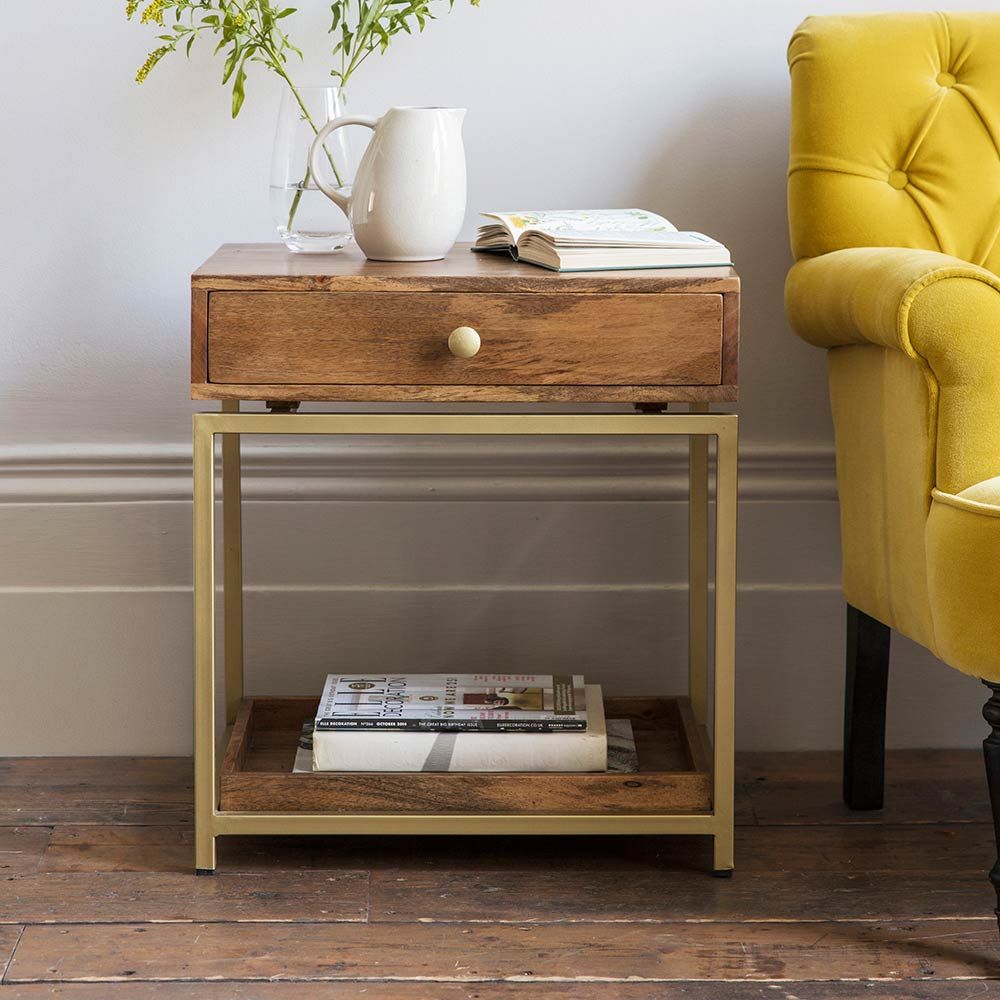 Wood and brass side shop table